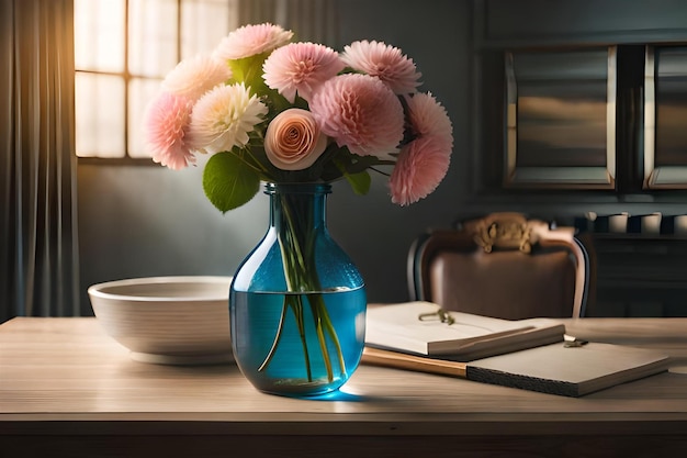 Zdjęcie kwiaty w niebieskim wazonie na stole