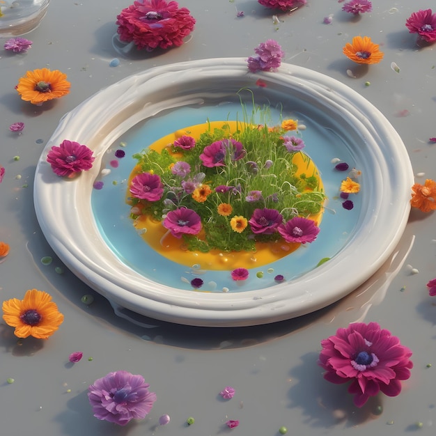Kwiaty w okrągłej płytce w wodzie 3d render generatywny ai