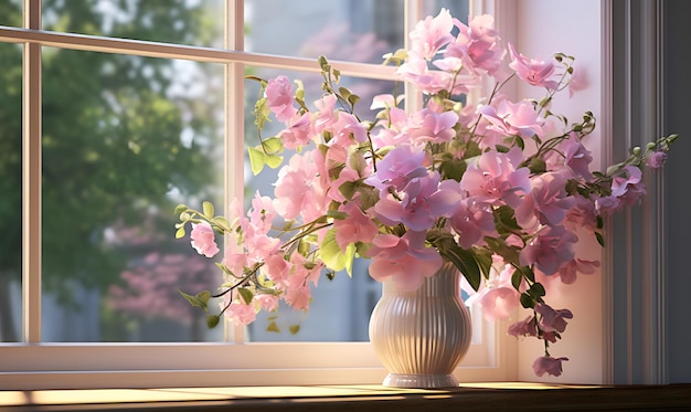 kwiaty w pięknym wazonie na oknie to projekt generatywny
