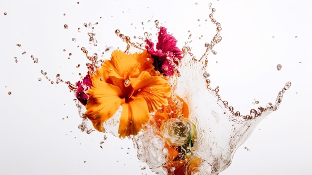 Kwiaty w plamach kolorowej wody bukiet kolorów na białym tle kolorowe
