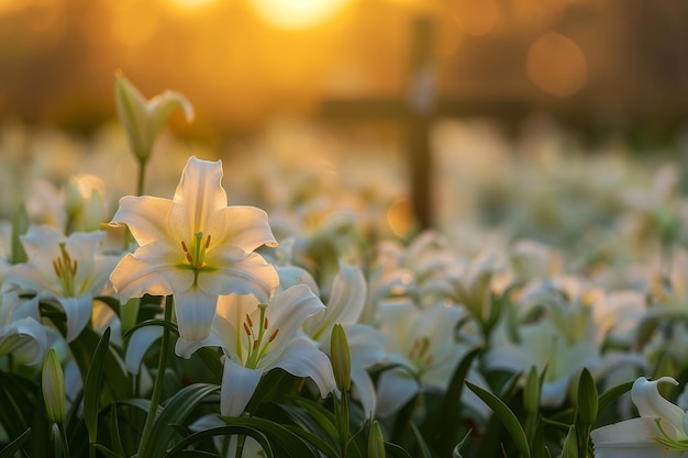 Kwiaty wiary Spokojna scena wielkanocna z liliami i sylwetką krzyża o wschodzie słońca