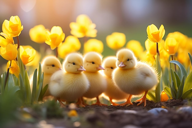 Zdjęcie kwiaty wiosenne w tle szczęśliwe kurczaki wielkanocne