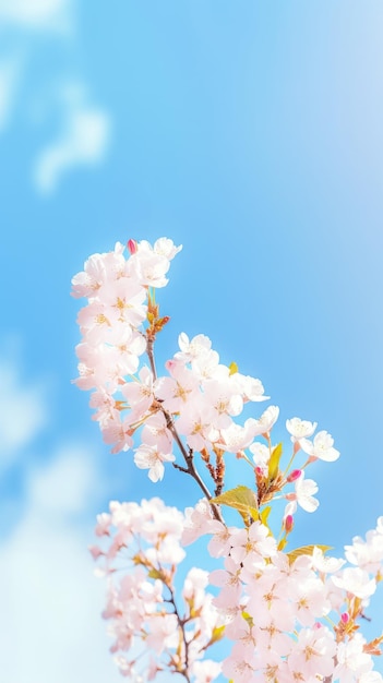 Kwiaty wiśni na wiosnę na tle jasnego niebieskiego nieba z białymi chmurami