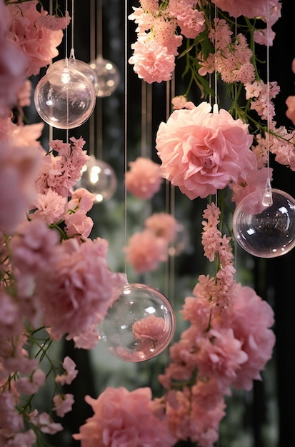 Kwiaty wiszące na sznurku w miejscu ślubu fotografia AI Generated Image