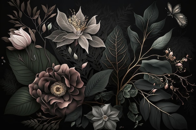 Kwiaty z bliska Kwiaty na czarnym tle generowane przez sztuczną inteligencję