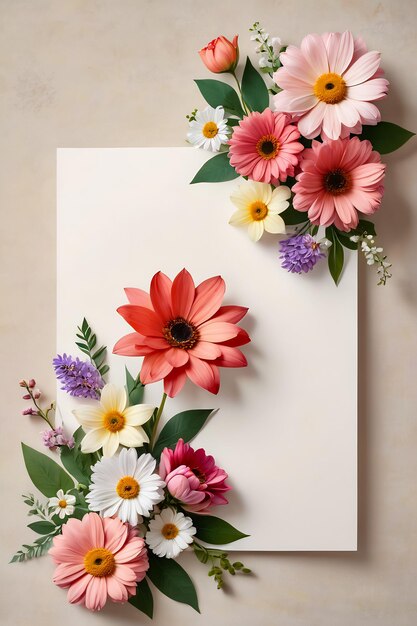 Kwiaty z kartką powitawczą makietka ramy kwiatowej