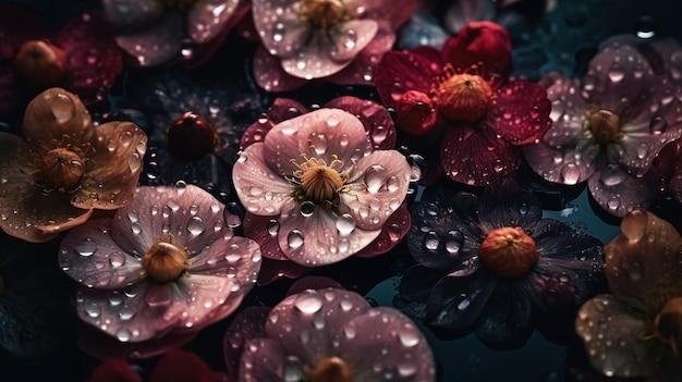 Zdjęcie kwiaty z kroplami wody ciemne nastrojowe romantyczne tło ai generowane