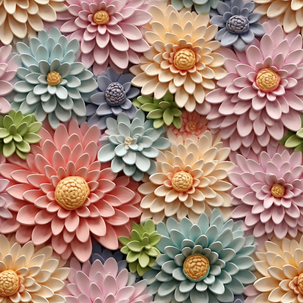 Kwiaty z papieru w jaskrawych kolorach są ułożone w generatywny wzór ai