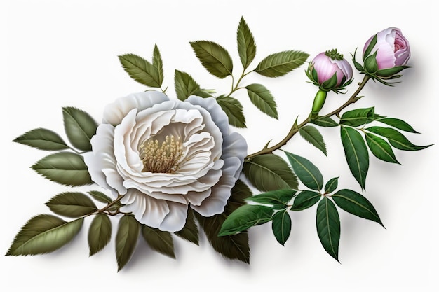 Kwiaty z róży damasceńskiej i ich olejek wyświetlane na białym tle