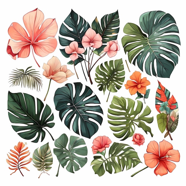 Kwiaty zestaw elementów graficznych izolowane liście tropikalne kwiaty tematyczne klipart monstera