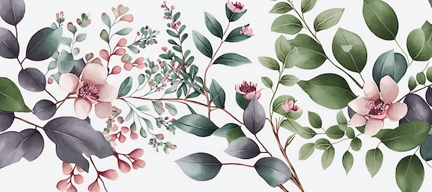 Zdjęcie kwiecista tapeta z zielonymi liśćmi i różami w stylu przypominającym akwarele utworzono za pomocą generative ai