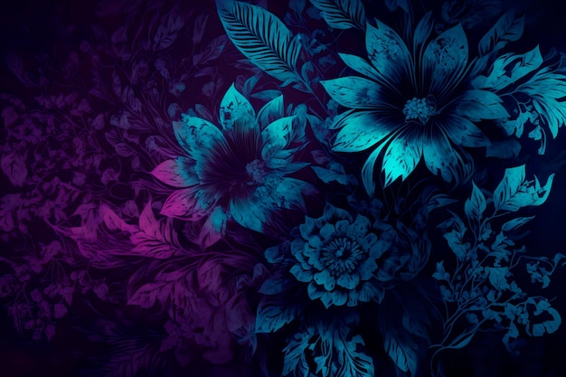 Kwiecisty dekoracyjny bezszwowy wzór Niebieskie tło z kwiatami, liśćmi i gałęziami