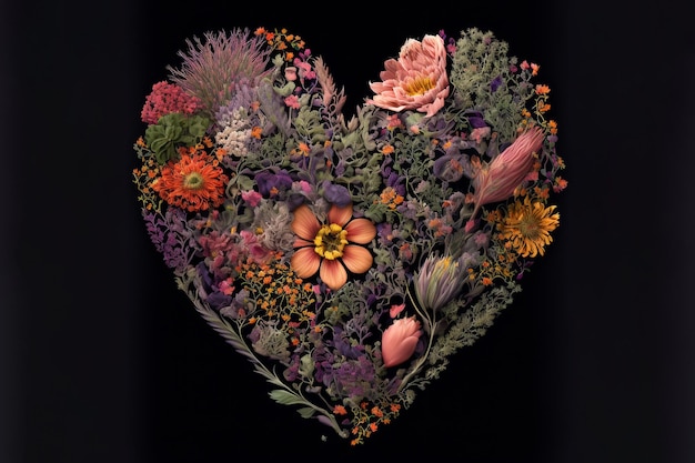 Kwiecisty serce z ozdobnymi roślinami i kwiatami