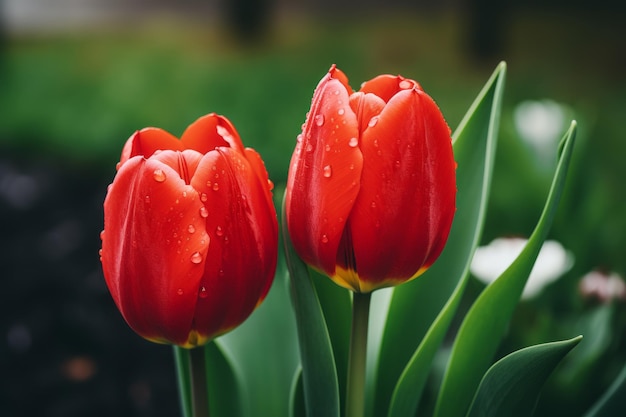 Kwitnąca elegancja Wybrane skupienie na dwóch jaskrawo czerwonych tulipanach Stosunek 32