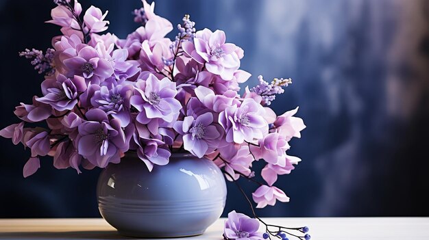 Kwitnąca fioletowa hortensja i piękna ceramiczna wazonka martwa natura z kwiatami vintage generative ai
