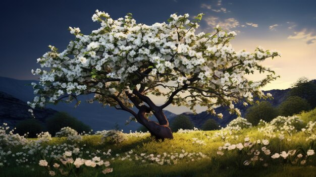 Kwitnąca jabłoń z koncepcją sylwetki białych kwiatów