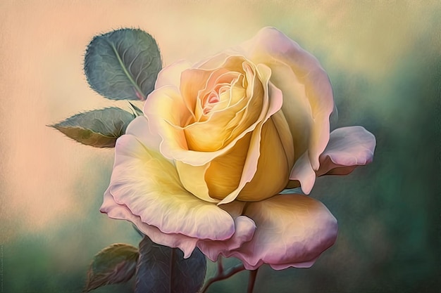 Kwitnąca jasnożółta róża na rozmytym tle kwiatów na pastelowym różu stworzona za pomocą generatywnego