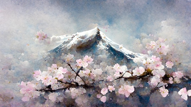 Kwitnąca sakura na tle ośnieżonych gór