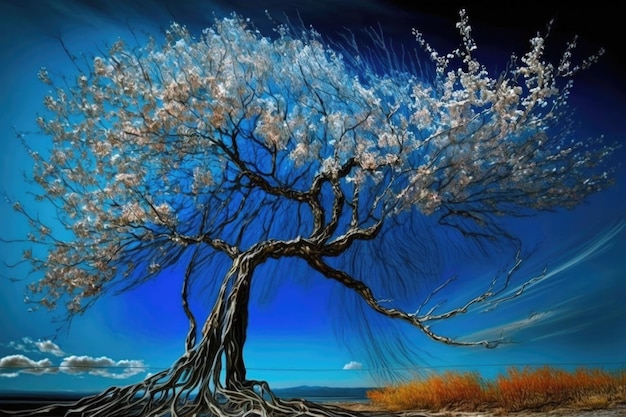 Kwitnące drzewo na tle błękitnego nieba stworzone za pomocą generatywnej sztucznej inteligencji