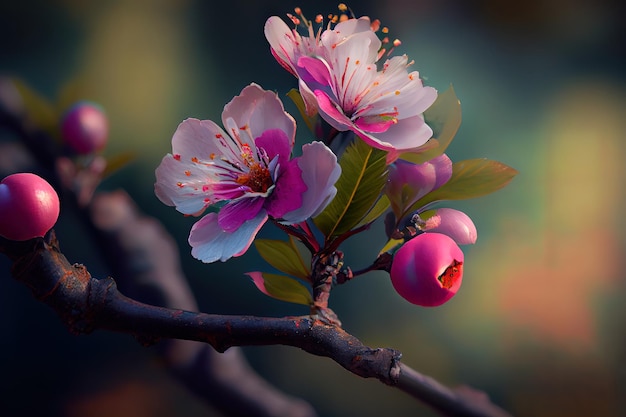 Kwitnące drzewo wiosną z różowymi kwiatami Generative Ai
