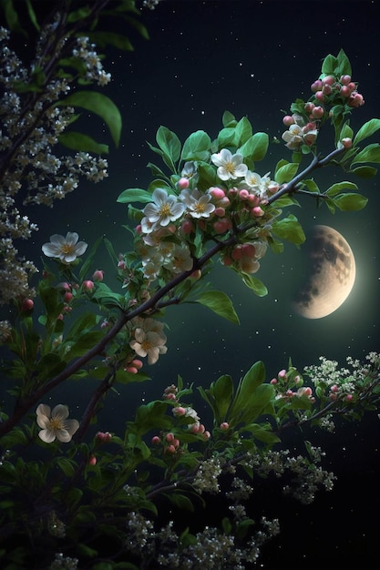 Kwitnące drzewo z pełnią księżyca w tle generatywna ai