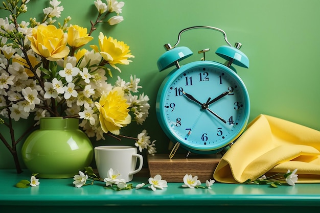 Zdjęcie kwitnące gałęzie wiosny i niebieski budzik na zielonym stole w pobliżu żółtej ściany