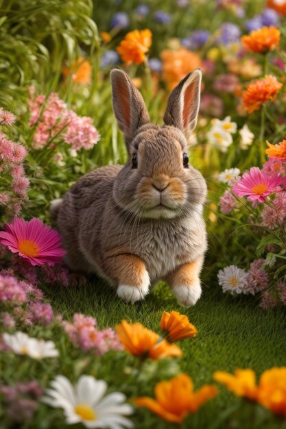 Kwitnące igraszki Uchwycenie uroczej holenderskiej zabawy królika karłowatego wśród kwiatów