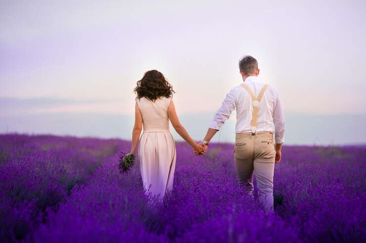 Zdjęcie kwitnące kwiaty lawendy i dwa drzewa pod górę. valensole, prowansja, francja, europa.