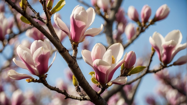 Kwitnące magnolie na jasnym niebie