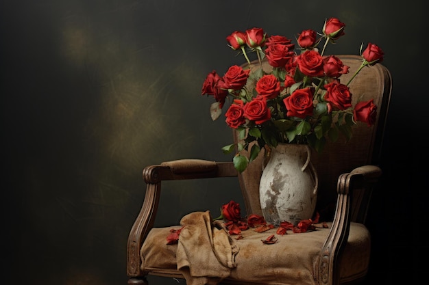 Kwitnące piękno fascynujące róże w wazonie ozdabiające krzesło w studiu ar 32