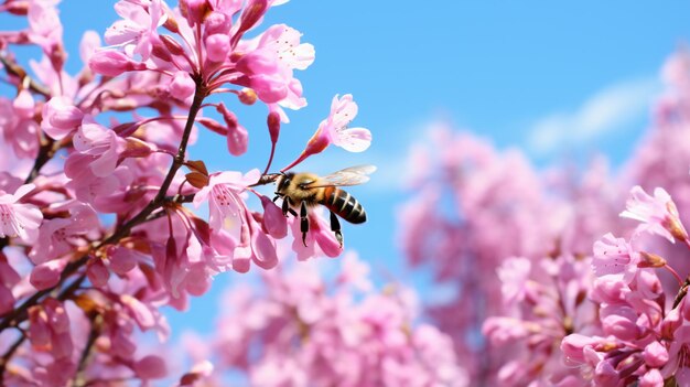 Kwitnące różowe drzewo cercis i pszczoła na niebiesko