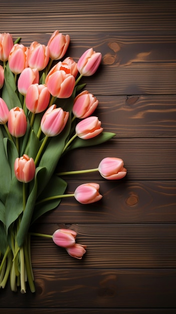 Kwitnące tulipany z czystym papierem na rustykalnej powierzchni drewna Pionowa tapeta mobilna