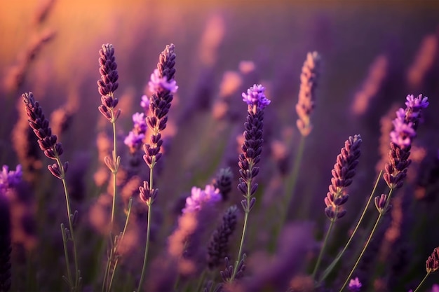 Kwitnący flagant lawendy kwiat na polu, zbliżenie fioletowe tło.