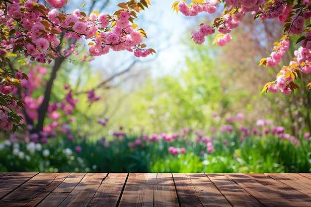 Zdjęcie kwitnący ogród wiosenny tło na dzień matki z stołem