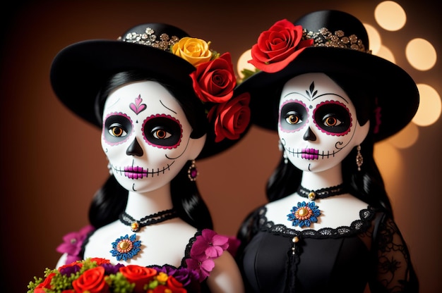 La Calavera Catrina lalki noszące meksykańskie suknie i kapelusze z kwiatami na Dzień Zmarłych