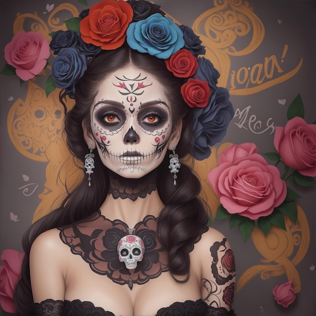 La catrina dia de los muertos kobieta z makijażem czaszki cukru Halloween