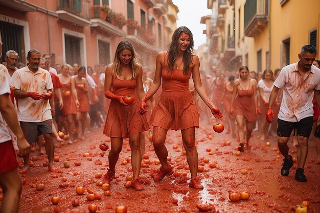 La TomatinaFesta pomidorów Święto szczęśliwy Mężczyzna Kobieta Rzuca warzywa Hiszpania Tradycyjne święto