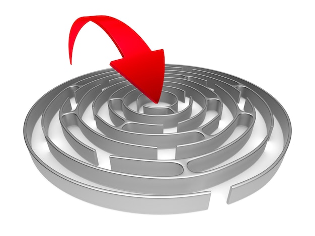 Zdjęcie labirynt koło i strzałka na białym tle. izolowana ilustracja 3d