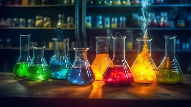 Laboratorium chemiczne z kolorowym płynem w zlewkach