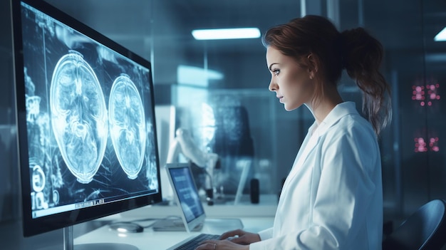 Laboratorium opieki zdrowotnej w szpitalu Portret kobiety naukowca medycznego używającej komputera z obrazami MRI skanowania mózgu do znalezienia lekarstwa