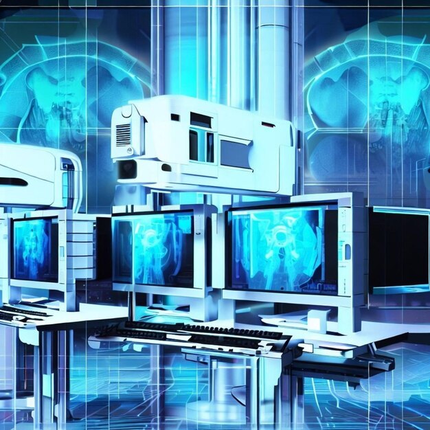 Zdjęcie laboratorium radiologiczne stwórz tło przypominające laboratorium radiologiczne z urządzeniami rentgenowskimi i monitorami