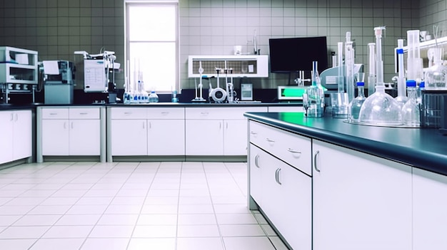 Laboratorium z dużym stołem laboratoryjnym i duże laboratorium z zielonym ekranem na ścianie.