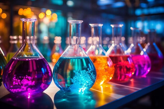 laboratorium z kolorowym płynem i butelką płynu