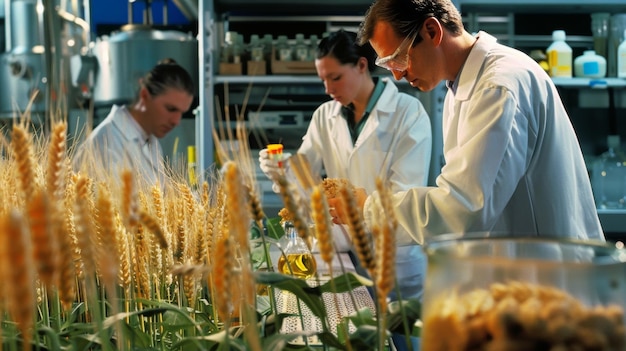 Laboratorium z naukowcami badającymi działanie różnych genetycznie zmodyfikowanych szczepów