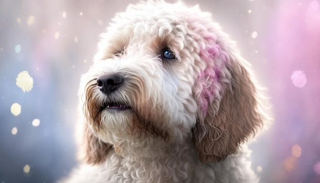 Labradoodle Pies Średni strzał Biały Różowy Niebieski Magiczny Fantasy Bokeh Generatywna sztuczna inteligencja