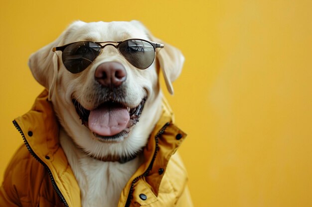 Labrador Retriever w ubraniach i okularach przeciwsłonecznych na żółtym tle