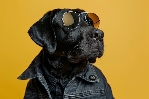 Labrador Retriever w ubraniach i okularach przeciwsłonecznych na żółtym tle