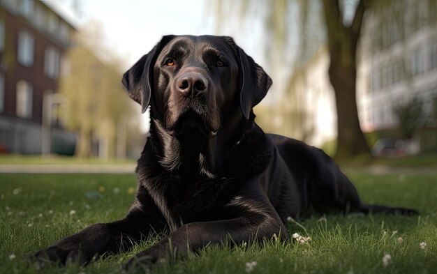 Labrador siedzi na trawie w parku.