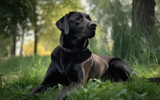 Labrador siedzi na trawie w parku.