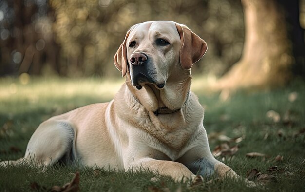 Zdjęcie labrador siedzi na trawie w parku.